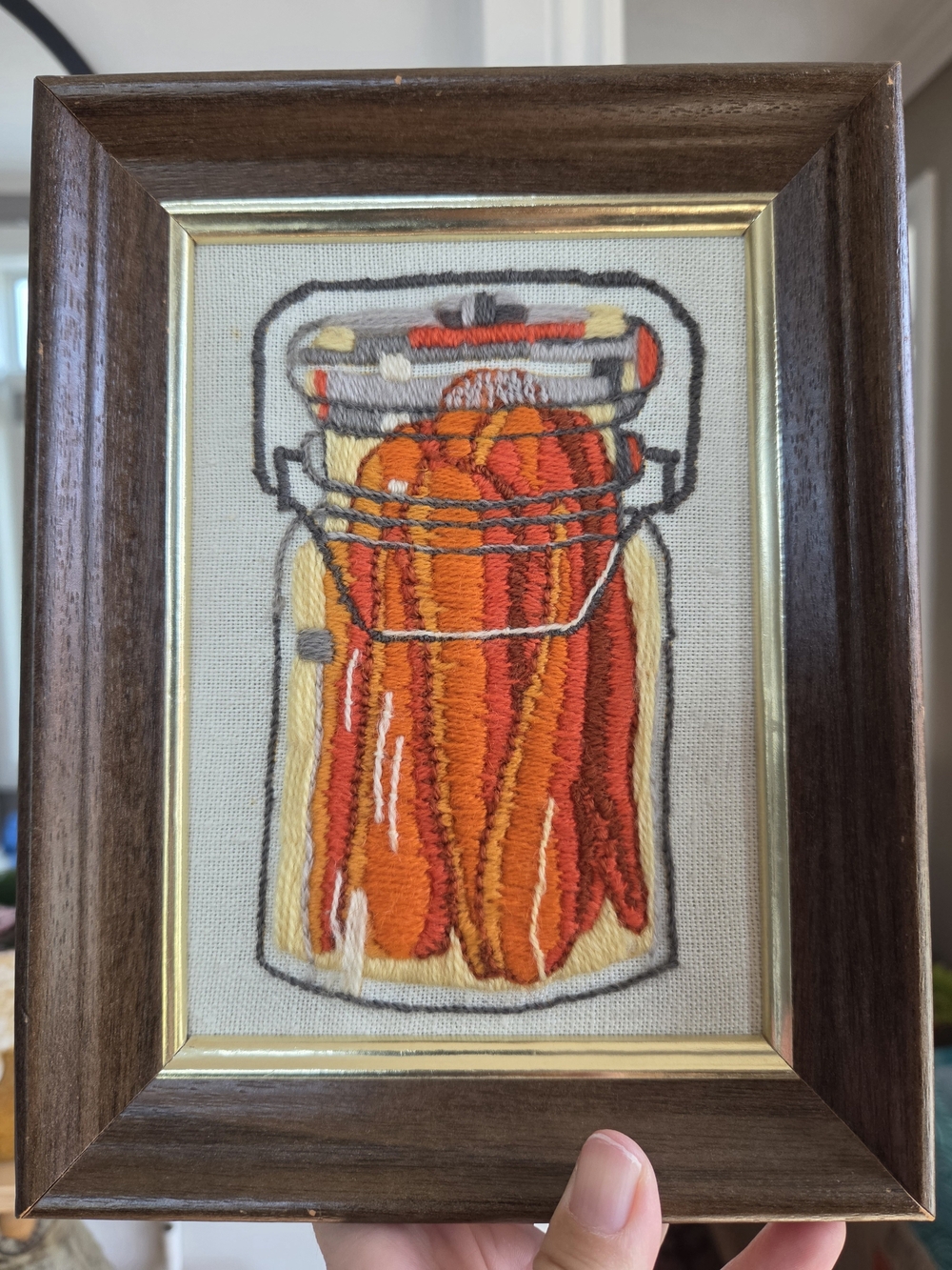 Vintage Framed Hand-Embroidered Pickled Carrots Jar Wall Art